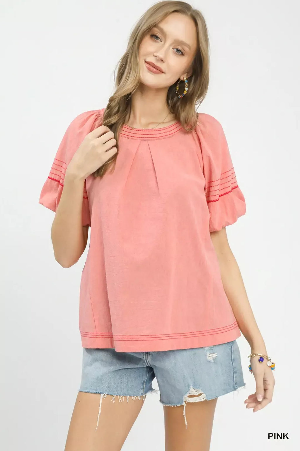 Umgee Round Neck Puff Sleeve Top with Contrast Stitch Detail