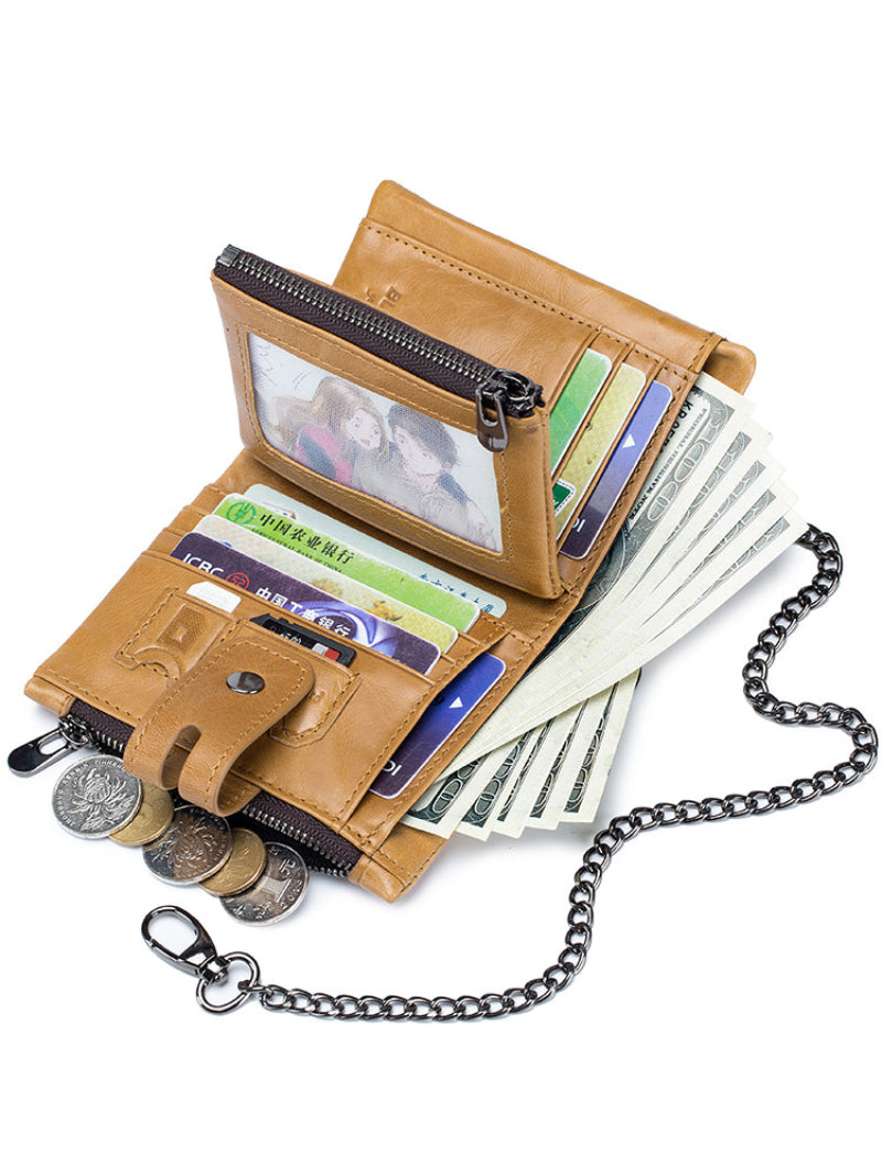 Retro Genuine Leather Bifold Wallet with Dual Zippers | Coin & Card Organizer