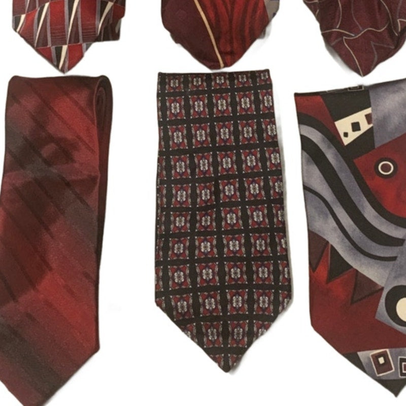Lot of 6 Wine Red Silver Striped Geometric Vintage and Newer Mens Neck Ties