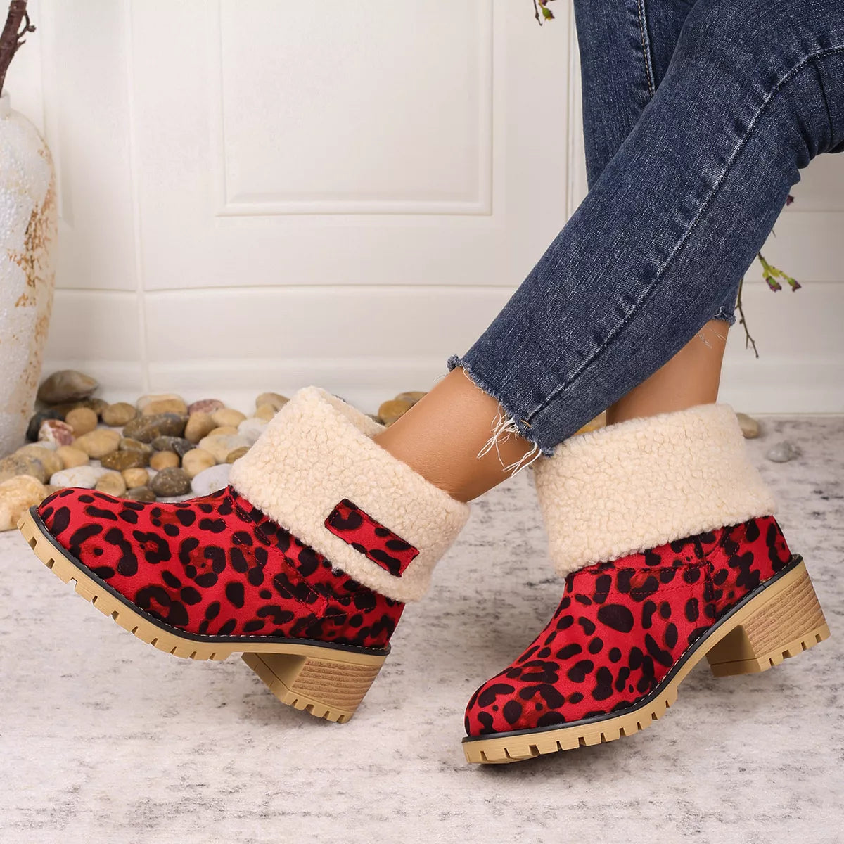 Women's Leopard Print Plush Lined Boots | Mid Heel Slip-On Suede Boots with Warm Faux Fur Lining