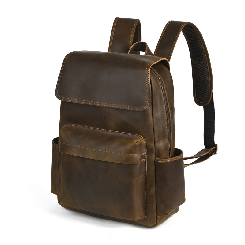 Genuine Leather Commuter Backpack for Men – Flip-Top Multi-Pocket Urban Business Bag