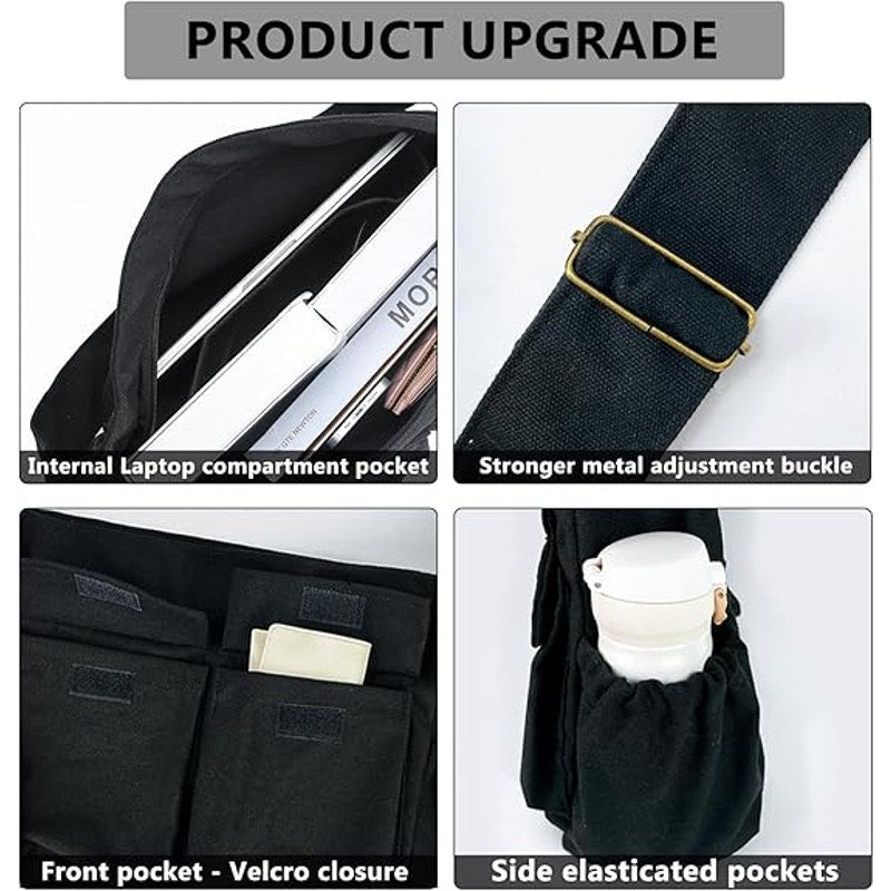 Vodiu Large Black Canvas Messenger Multi Pocket Adjustable Strap Crossbody Bag