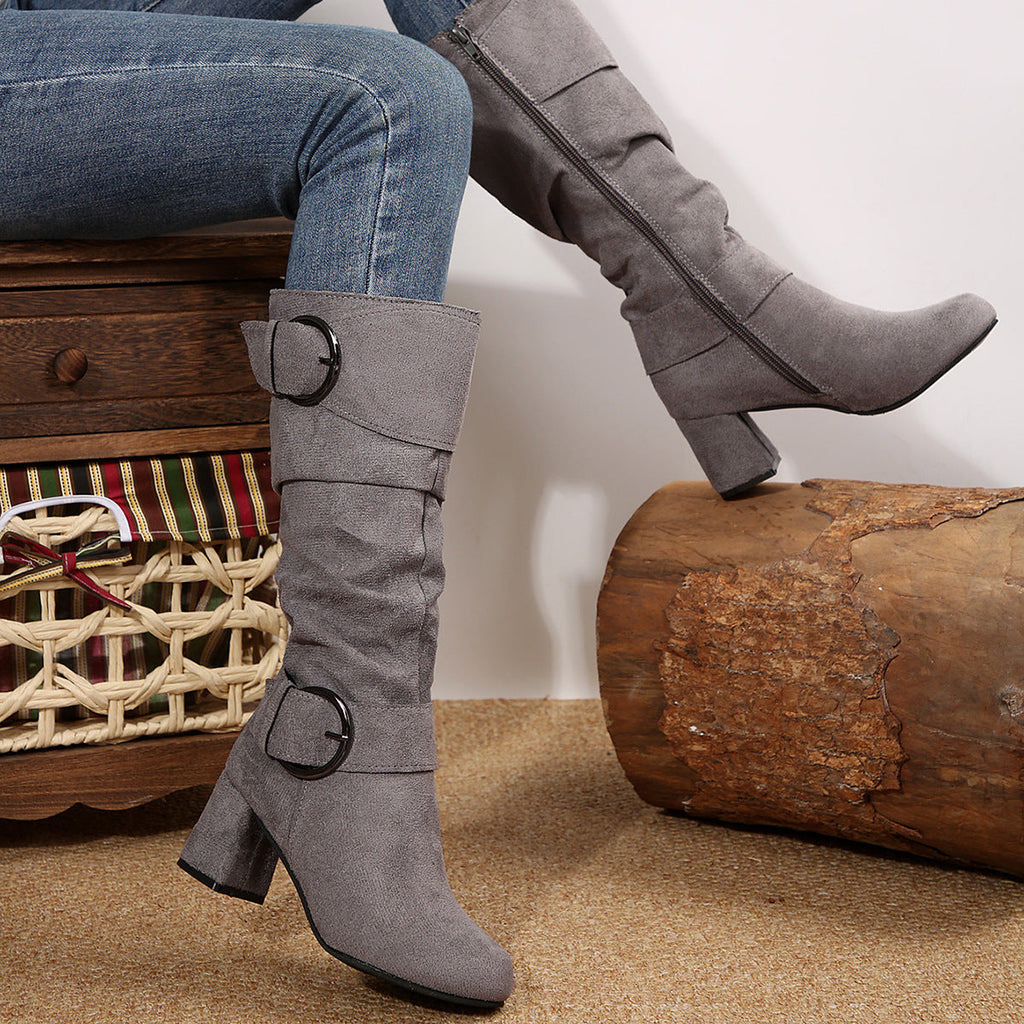 Women's Belt Buckle Chunky Heel Mid-Calf Boots | Suede Pointed Toe Fall Winter