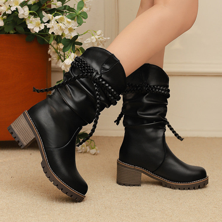 Women's Knitted Strap Mid-Calf Boots With Chunky Heels | Black & White