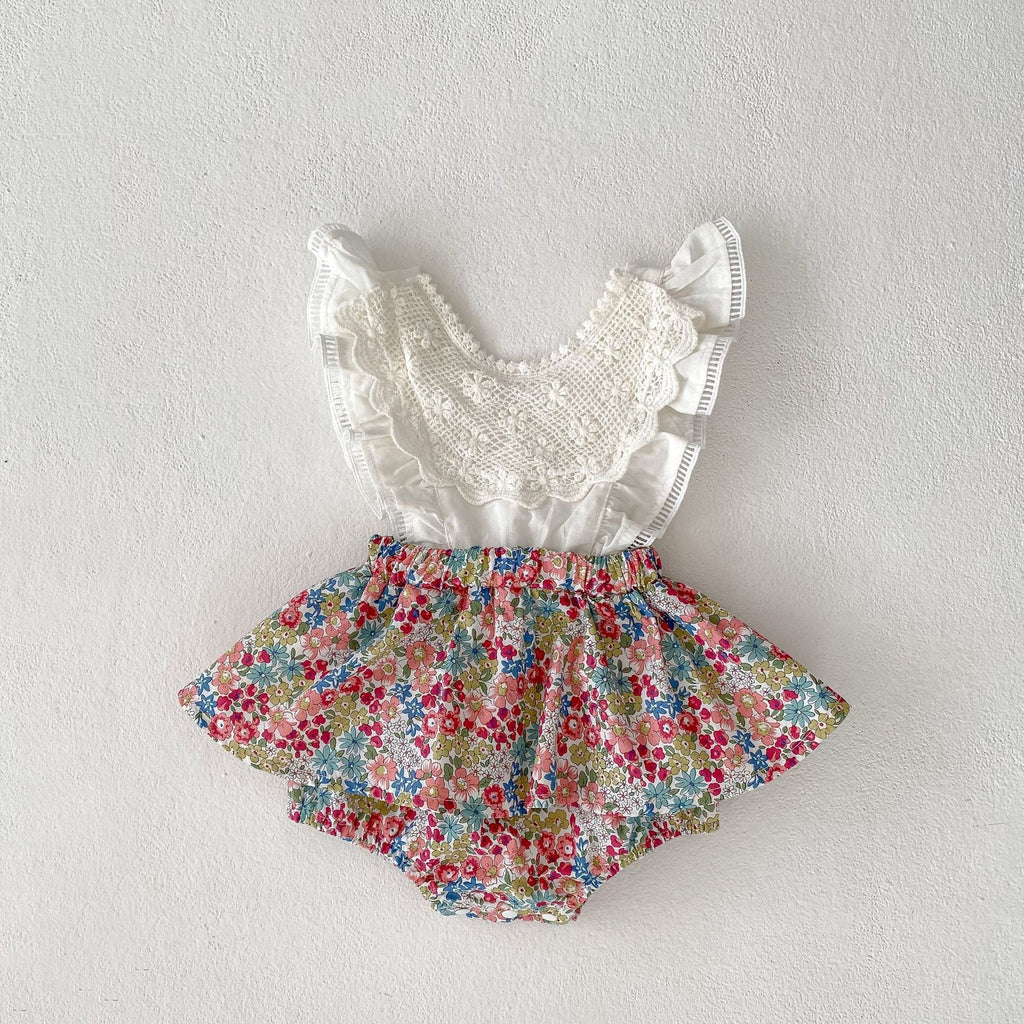 Baby Flounced Sleeve Suspender Fake Two Pieces Bottom-covering Rompers