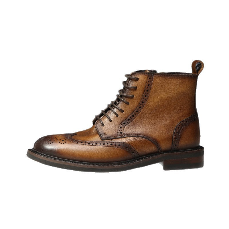 Men's Thick-Soled Leather Boots | Chunky Heel Mid-Calf Lace-Up Boots for Men