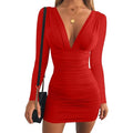 Gobles Womens Small Long Sleeve Deep V Ruched Bodycon Cocktail Mini Dress