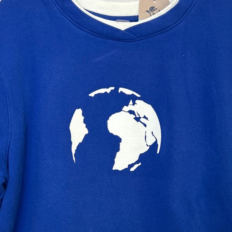 Upcycled Hand Printed Womens 2X Save The Earth World Long Sleeve Crew Sweatshirt