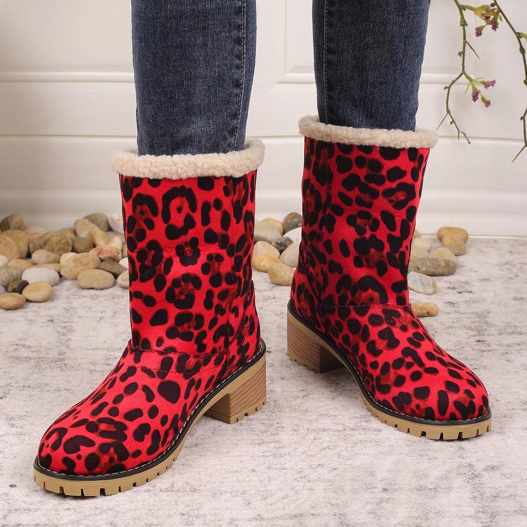 Women's Leopard Print Plush Lined Boots | Mid Heel Slip-On Suede Boots with Warm Faux Fur Lining