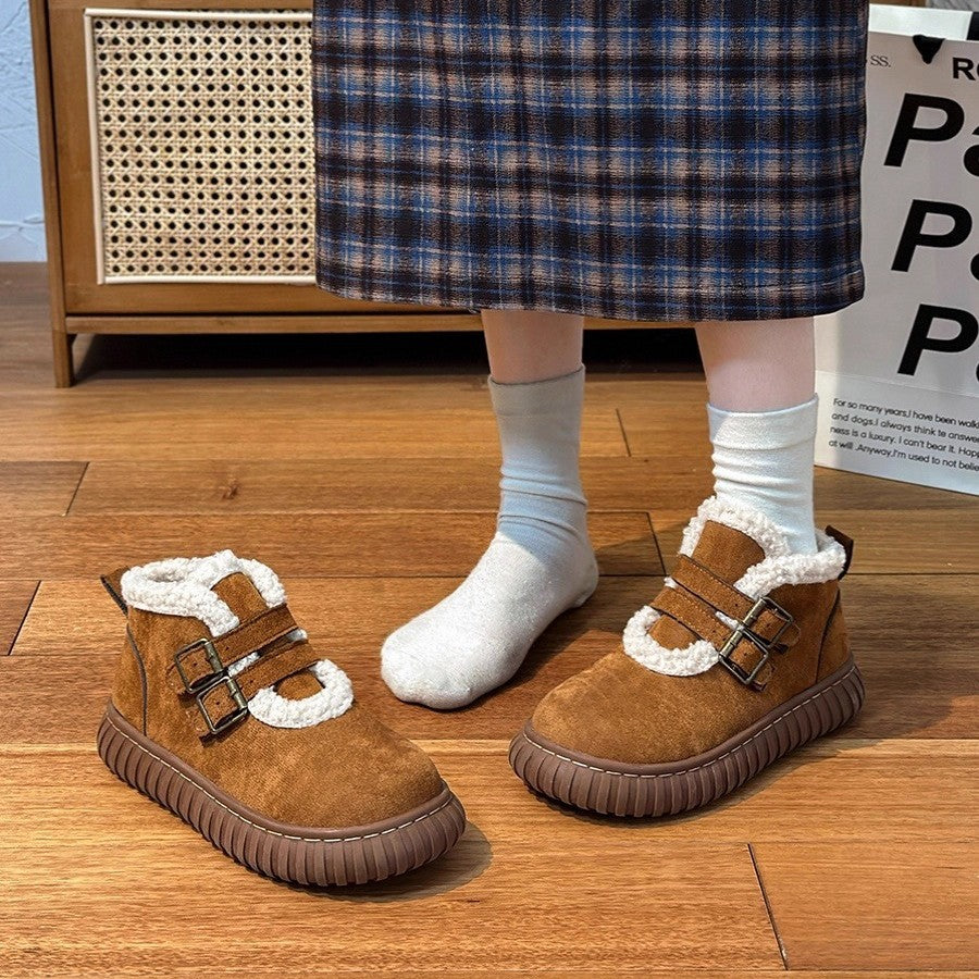 Women's Fleece Lined Snow Boots | Buckle Ankle Boots with Thick Sole | Beige & Brown
