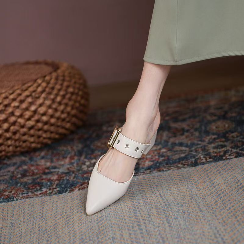 Women's Korean-Style Pointed Toe Chunky Heel Slippers | Microfiber Leather Slip-On Shoes