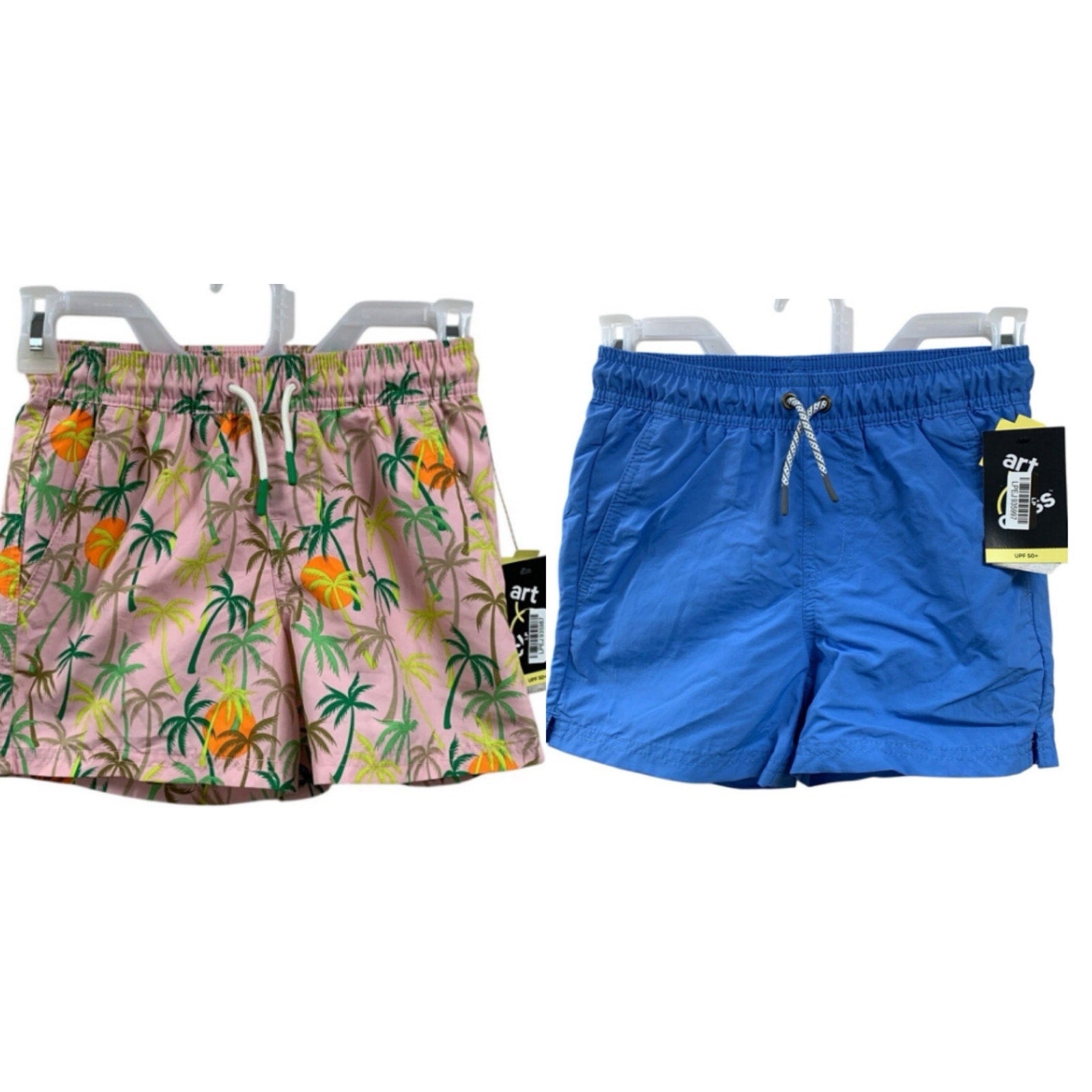 2 New Art Class Boys Medium (8) Lined Blue Pink Tropical UPF 50+ Swimming Trunks