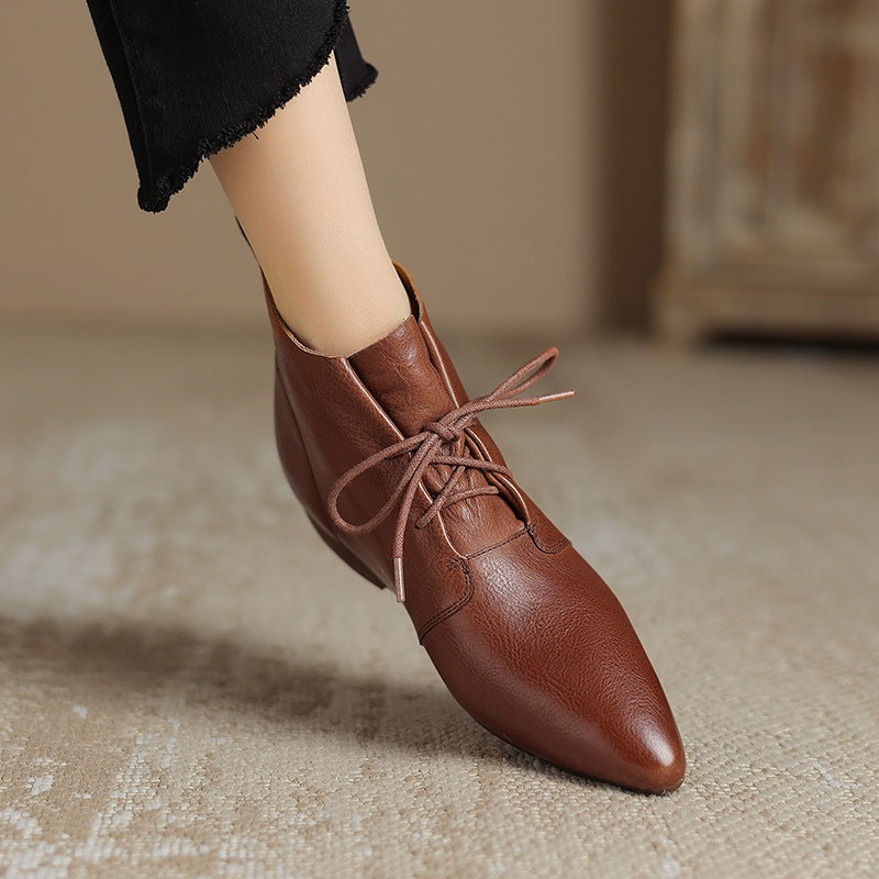 Women's Vintage Round Toe Ankle Boots - Genuine Leather Slip-On Chunky Heel Winter Boots