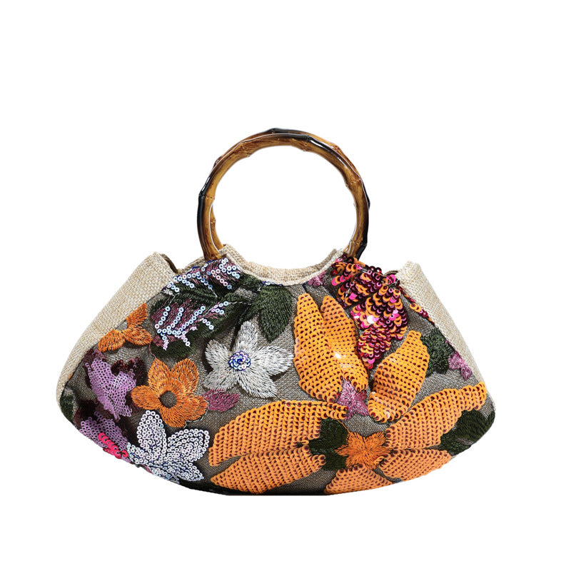 Bamboo Handle Tote Bag for Women - Shell Shape Shoulder Bag with Polyester Lining