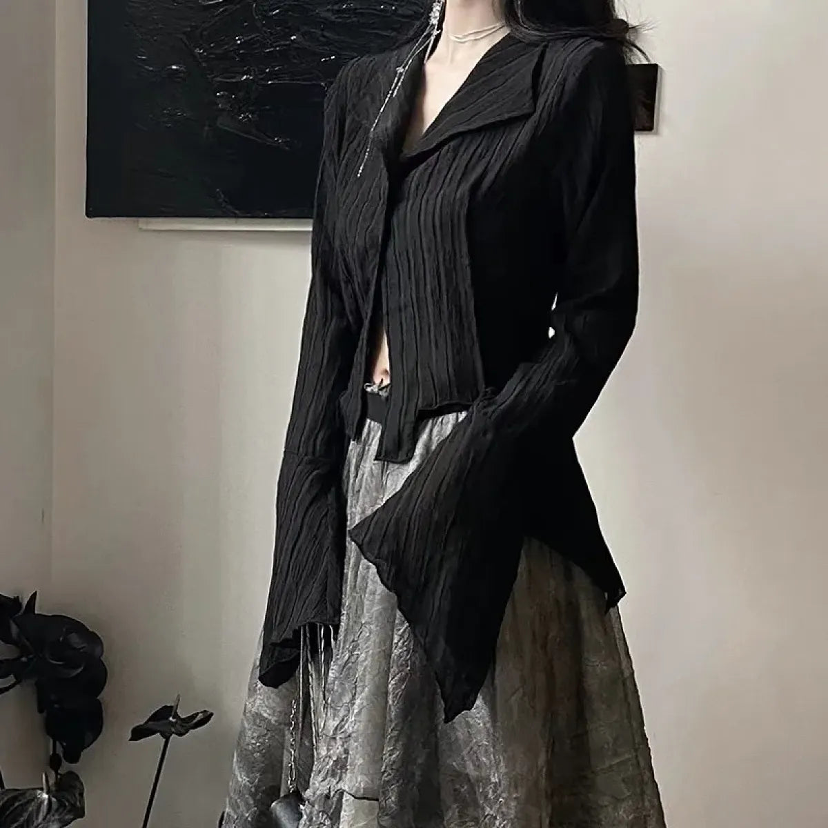 Black Gothic Irregular Shirt – Dark Aesthetic Grunge Blouse