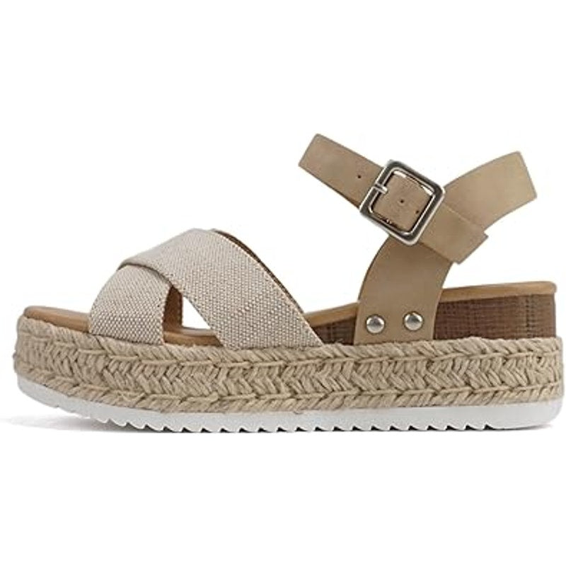 Soda Womens 8.5 FIRELY Tan Canvas Open Toe Ankle Strap 2.25" Platform Sandals