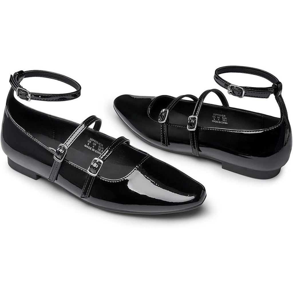 Trary Womens Size 6.5 Black Flats Closed Square Toe Ankle Buckle Straps Shoes
