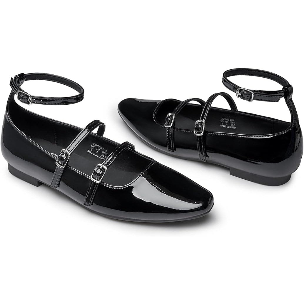 Trary Womens Size 6.5 Black Flats Closed Square Toe Ankle Buckle Straps Shoes