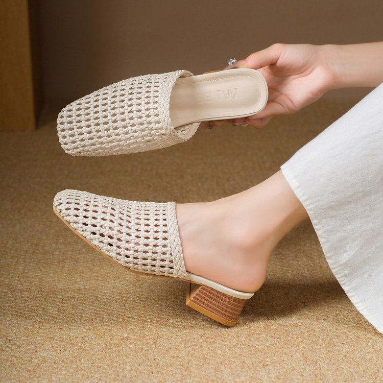 Women's Woven Square Toe Sandals - Casual Summer Flats with Synthetic Leather Upper