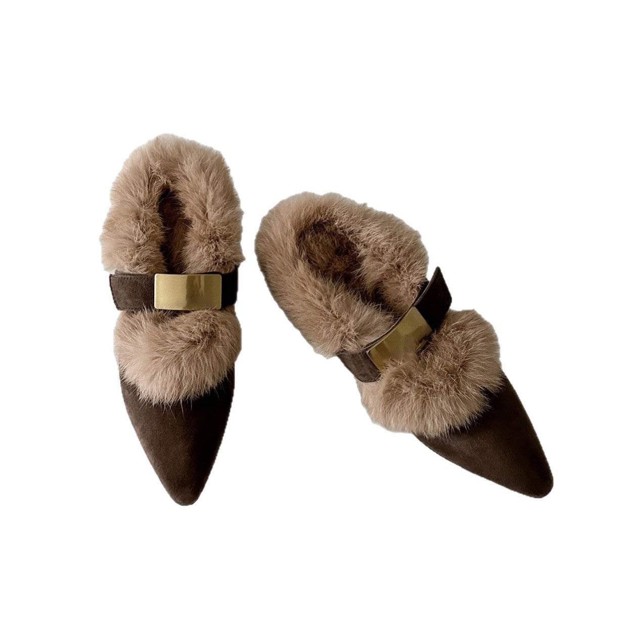 Women's Retro Slingback Furry Flat Shoes | Pointed Toe Buckle Plush Casual Shoes
