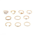 Mandotos Bohemian Star Moon Pearl Leaf 10-Piece Ring Set With Gold Finish And Stackable Designs