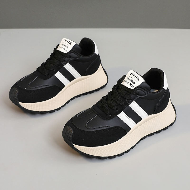 Women's Thick Soled PU Leather Color-Block Height Increasing Lace-Up Sneakers
