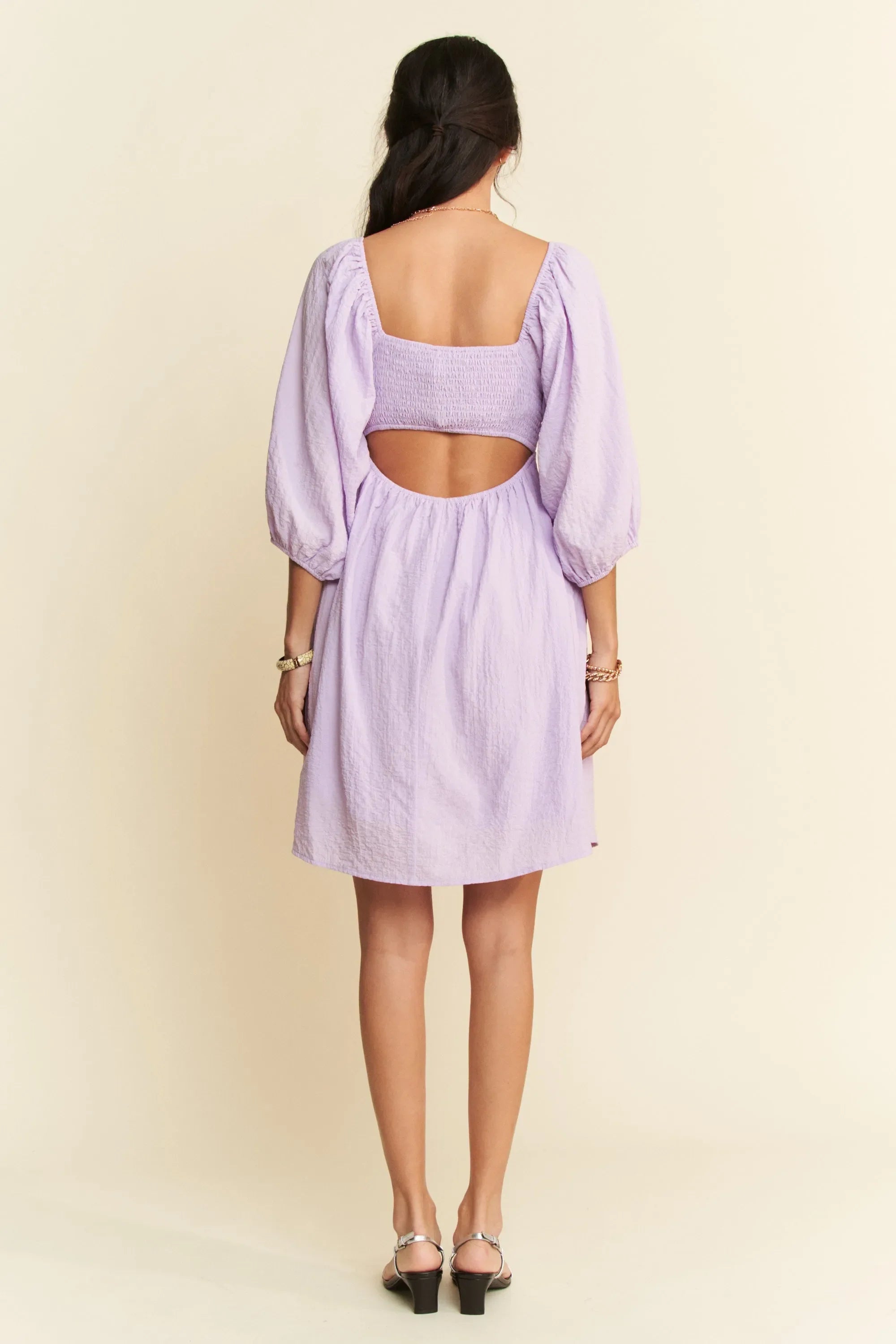 Davi & Dani Self-Tie Puff Sleeve Smocking Open Back Mini Dress