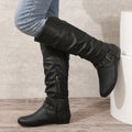 Women's Retro Belt-Buckle Leather Boots - Round Toe Chunky Heel Winter Boots