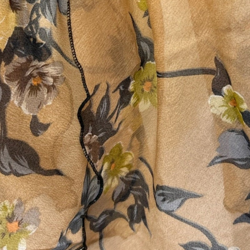 Vintage Long Rectangular Blue Yellow Floral on Brown Acetate Fashion Scarf
