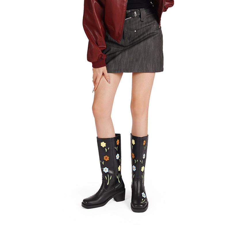 Women's Western Boots with Floral Embroidery - Mid-Calf Chunky Heel Boots