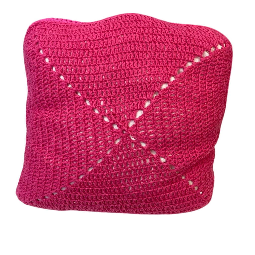 Handmade Vintage 1970s Hand Crocheted 22" Square Rosette Large Throw Pillow