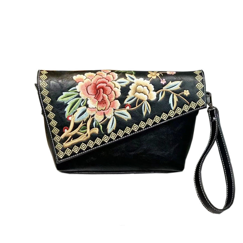 Embroidered Chinese-Style Women's Handbag - PU Leather Crossbody Shoulder Bag with Multiple Compartments