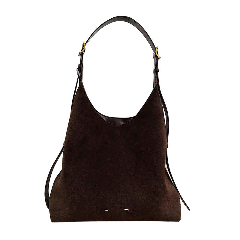 Women's Suede Bucket Shoulder Bag – Genuine Leather Drop-Ear Handbag with Patchwork Detail