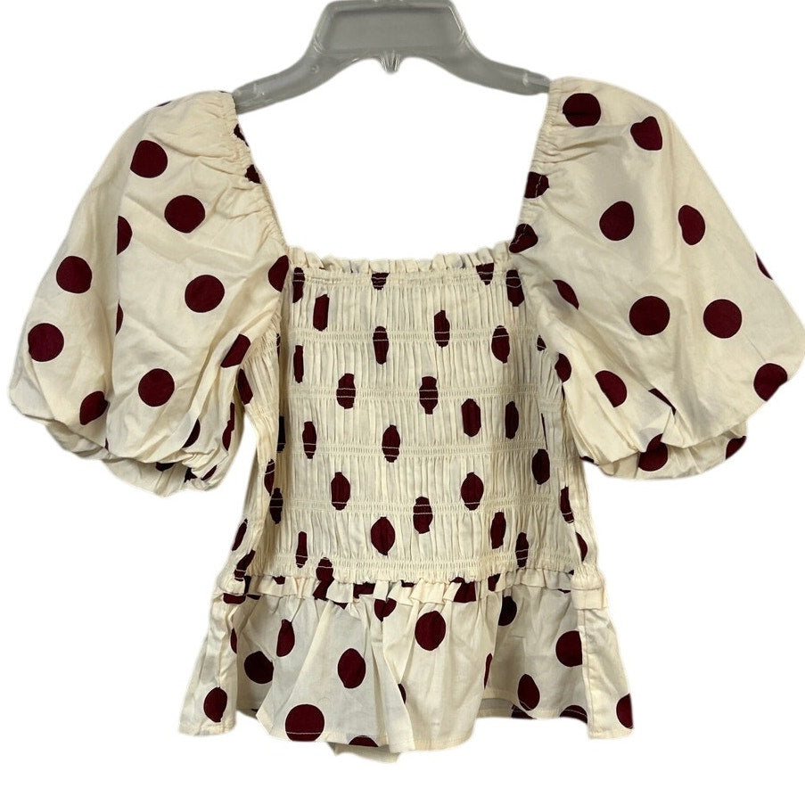New Francescas Womens Medium Cream Burgundy Polka Dot Stretch Cotton Smocked Top