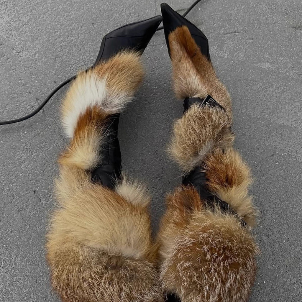 Women's Fluffy Stiletto Thigh-High Boots | Pigskin Slip-On Pointed-Toe Heels