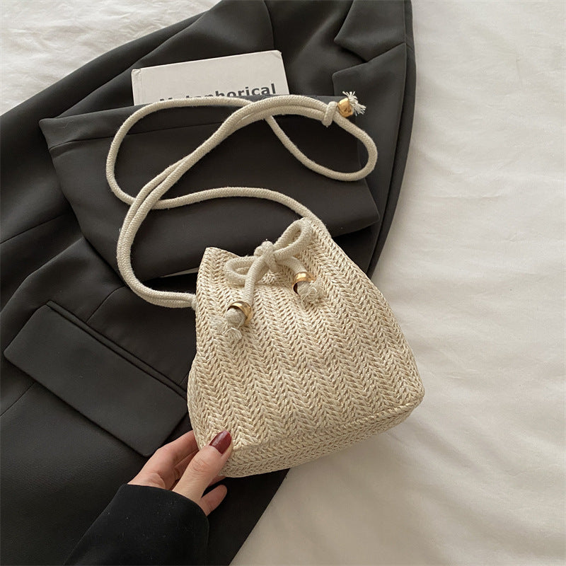 Women's Woven Straw Bucket Bag - Casual Crossbody Shoulder Bag with Adjustable Strap