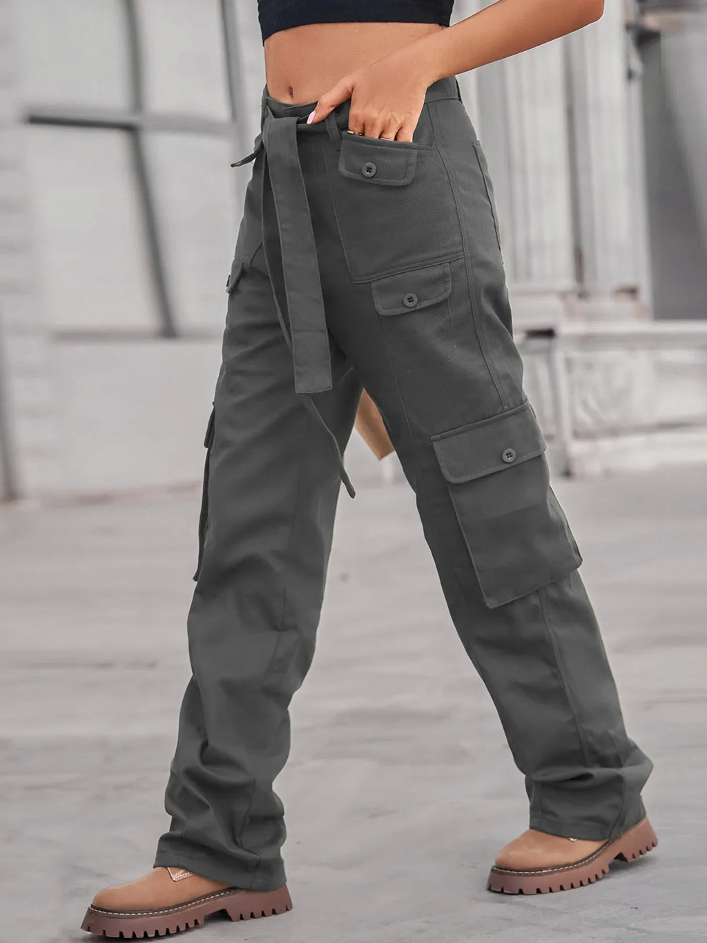 High-Waisted Multi-Pocket Cargo Jeans