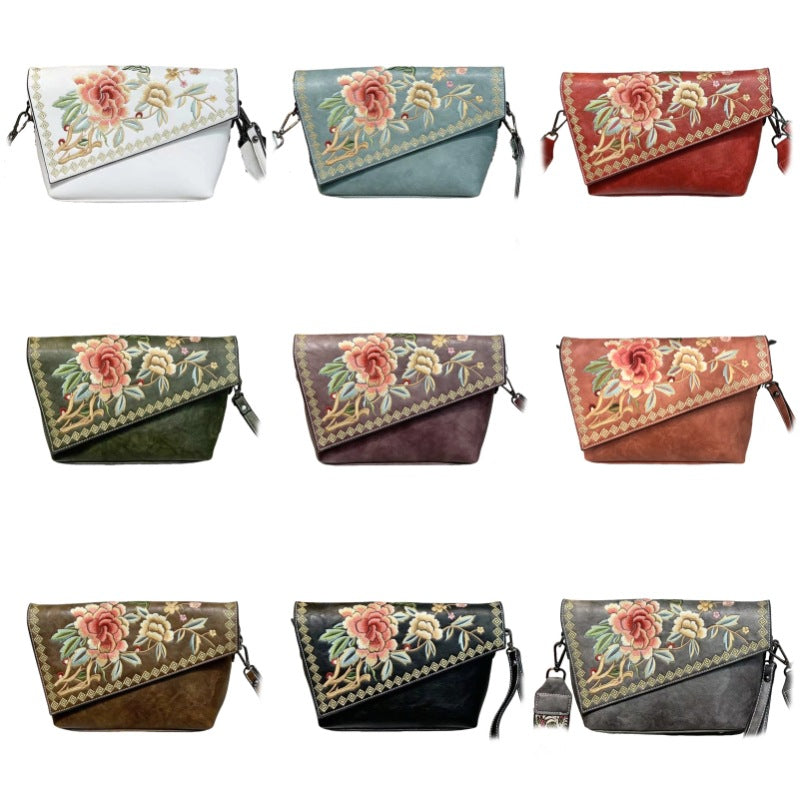 Embroidered Chinese-Style Women's Handbag - PU Leather Crossbody Shoulder Bag with Multiple Compartments