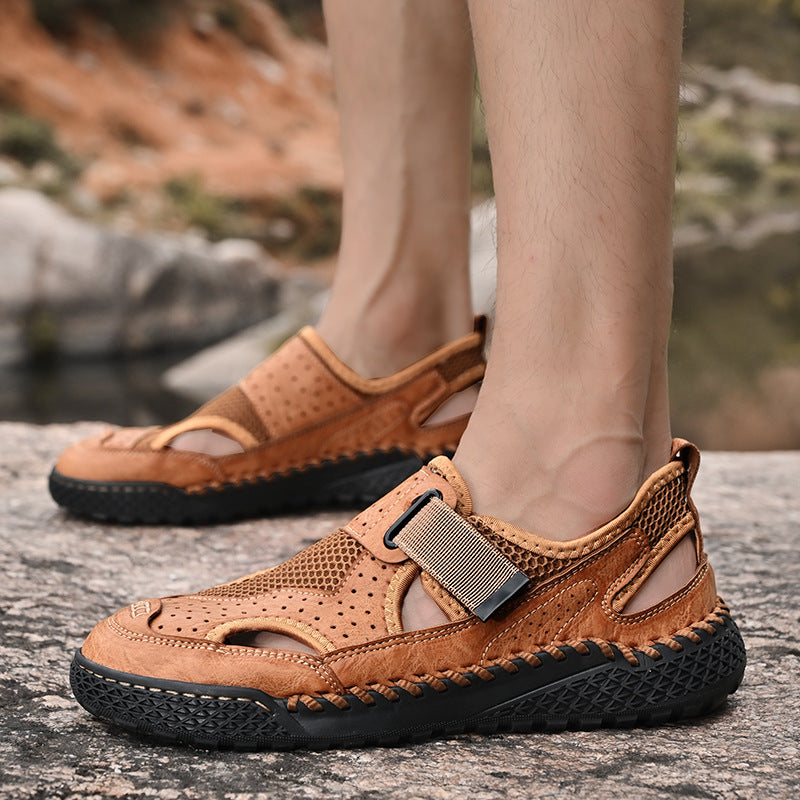 Men's Breathable Leather Mesh Closed-Toe Sandals with Velcro Strap - Genuine Leather & Rubber Sole