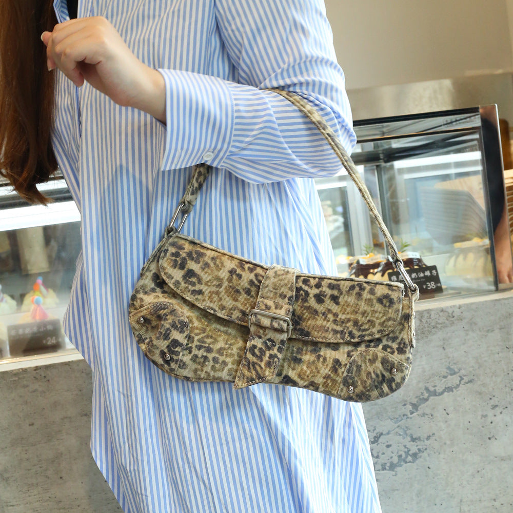 Leopard Print Underarm Bag - Distressed Canvas Shoulder Bag for Women