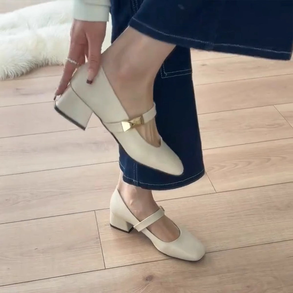 Women's Square-Toe Mary Jane Chunky Heels | Single-Strap Faux Leather Pumps