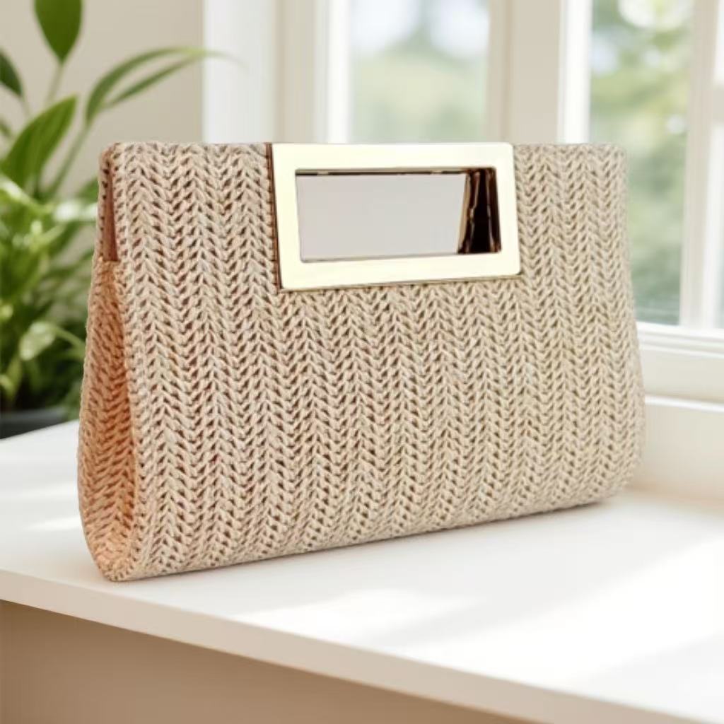 Women's Woven Chain Clutch Bag - Elegant Evening Handbag with Metal Accents