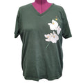 Hand Printed Upcycled Womens 2XL Orchid Flower Short Sleeve VNeck Tee Shirt