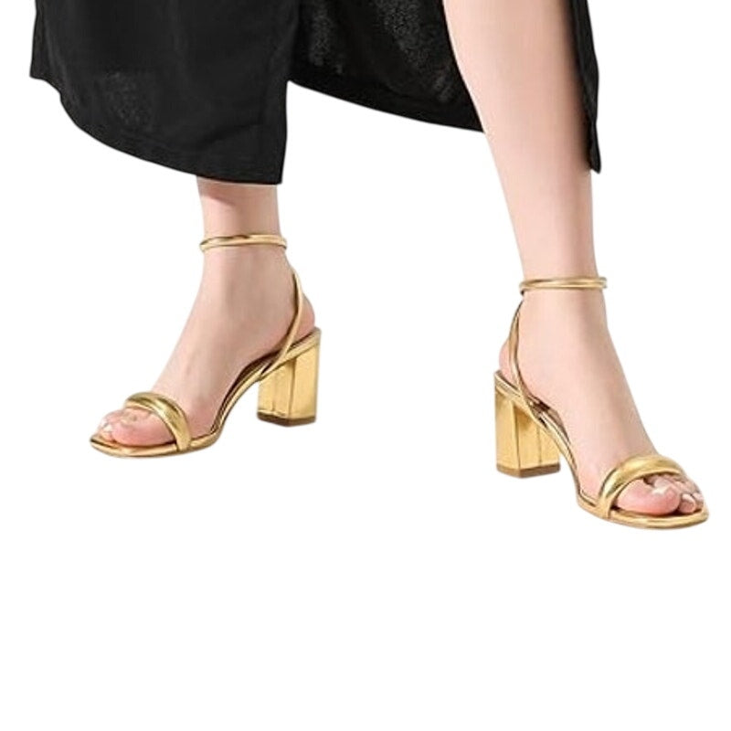 Shoe N Tale Womens Size 6 Gold 2.5" Heels Open Square Toe Ankle Strap Heels
