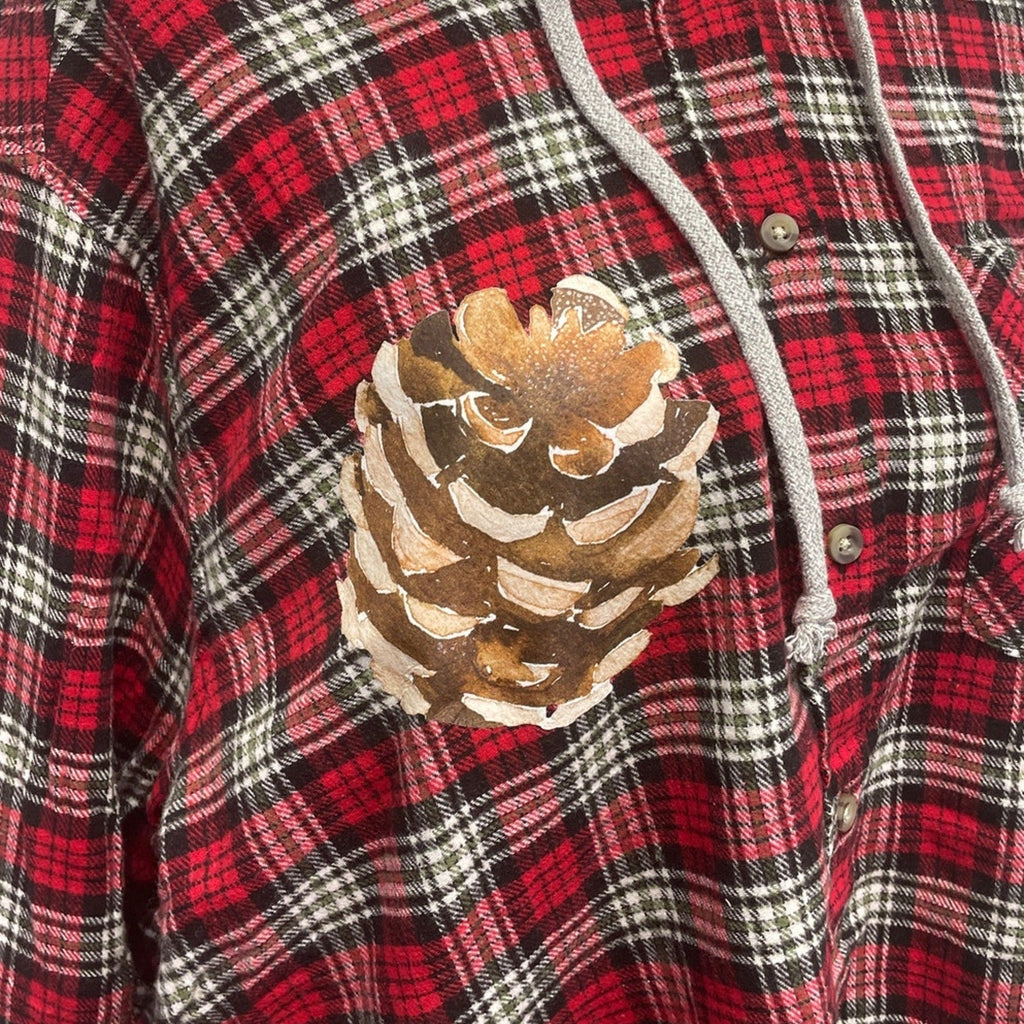 New Hand Printed Womens XL Rustic Pine Cone Long Sleeve Plaid Flannel Hoodie