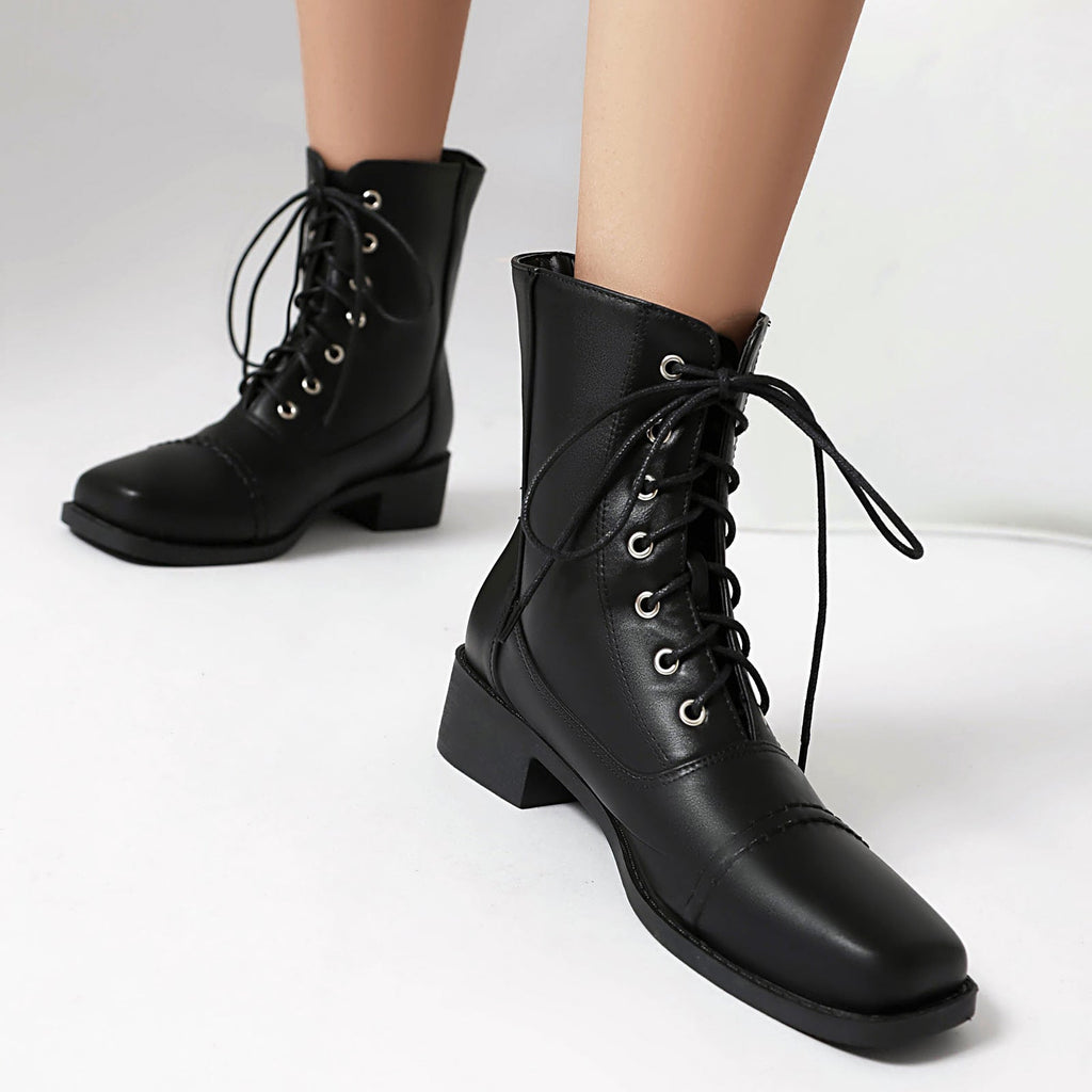 Women's Lace-Up Square-Toe Motorcycle Boots | Low Heel Outdoor Ankle Boots