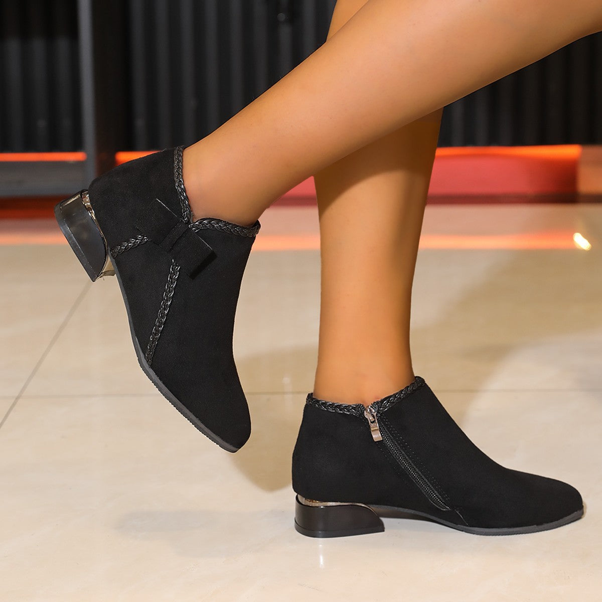 Women's Bow-Tie Pointed-Toe Chunky Heel Ankle Boots - Side Zipper Suede Boots