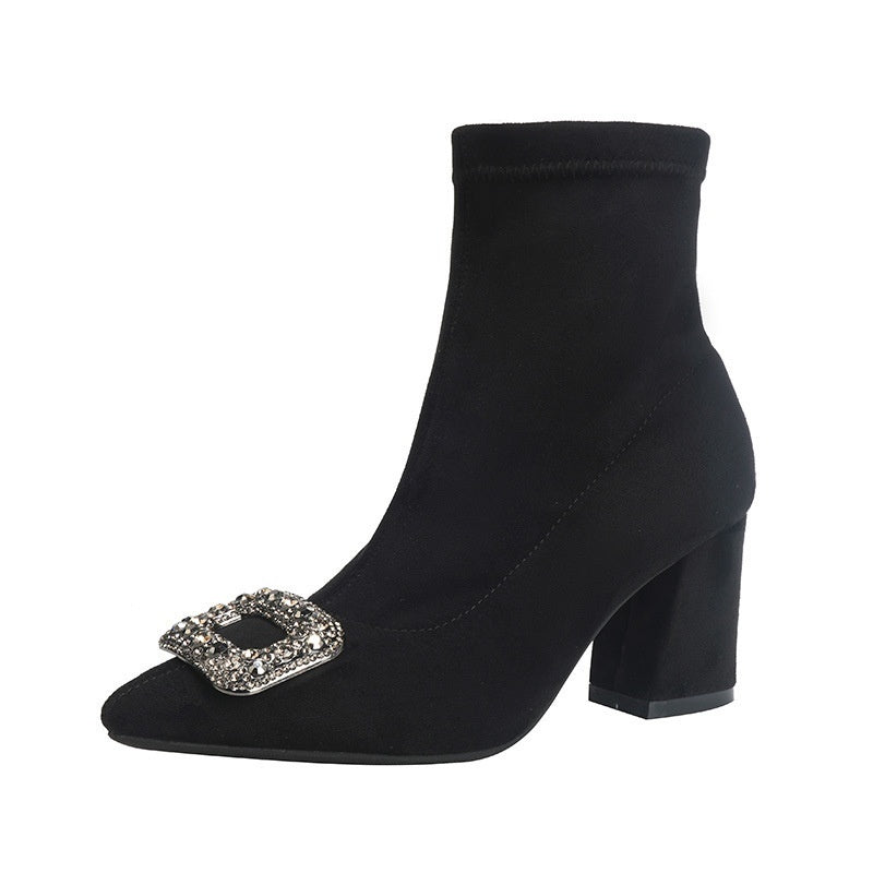 Women's Pointed-Toe Chunky Heel Ankle Boots | Suede Slip-On Block Heel Booties