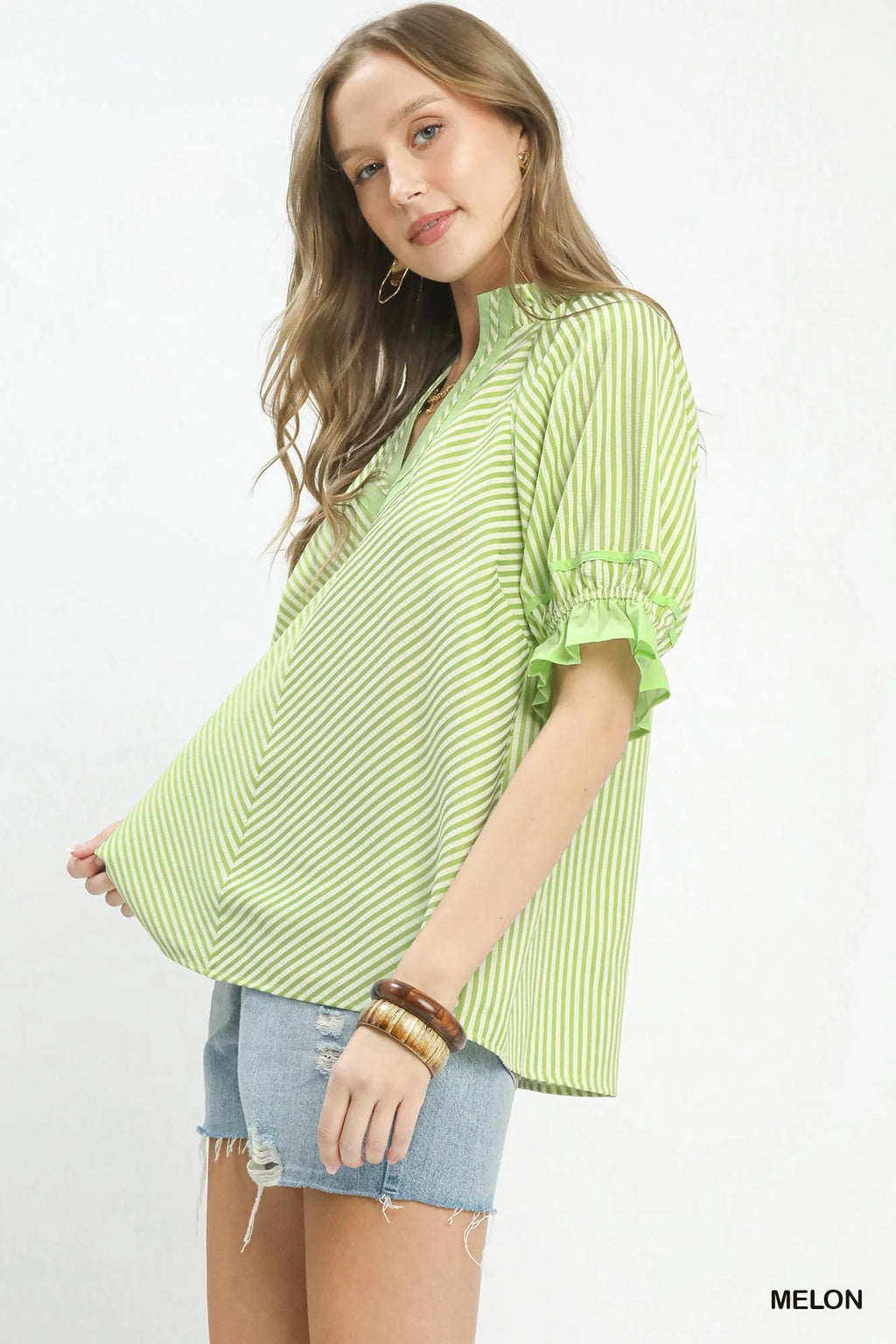 Umgee Stripe Ruffle Sleeve Split-Neck Blouse