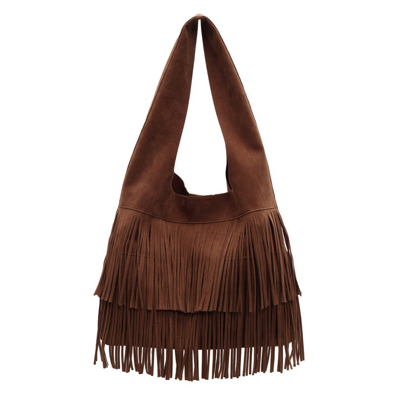 Retro Tassel Bucket Bag for Women – PU Leather Shoulder Bag with Suede Lining